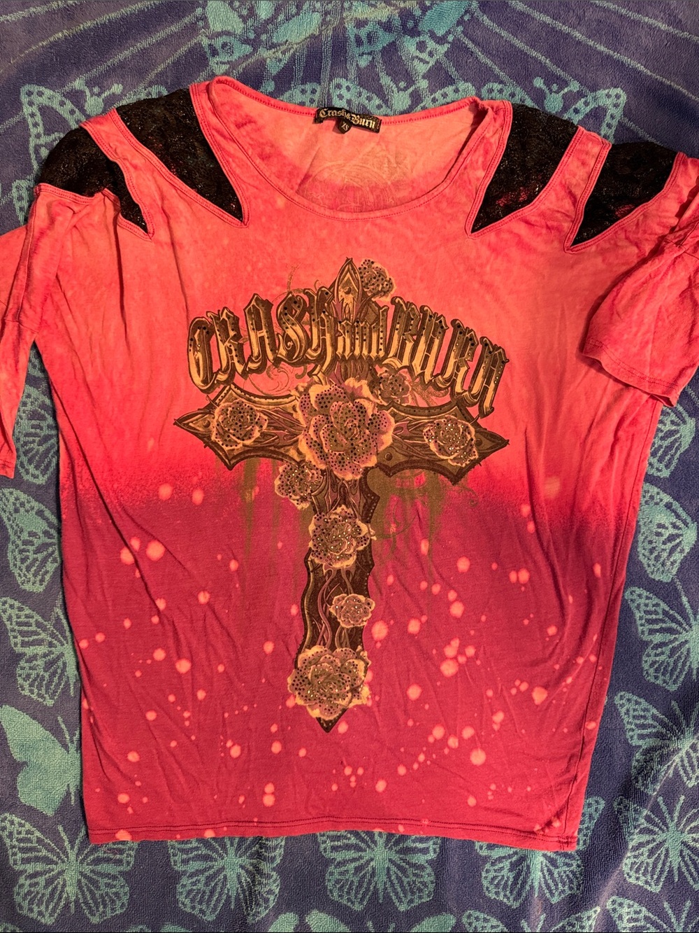 Crash and Burn XS small top pink black lace cross rose shirt